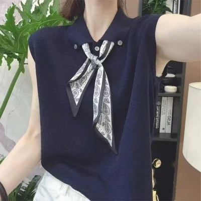 Women's Fashionable Summer 2026 Knitwear with Scarf Sleeveless Small Collar Trendy High-End Base Shirt Top