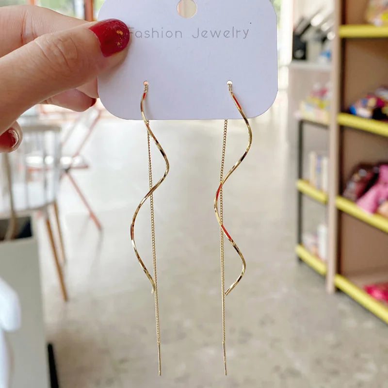New Temperament Wavy Long Drop Dangle Ear Line Earrings for Women Classic Spiral Stainless Steel Korea Earring Jewelry Gift