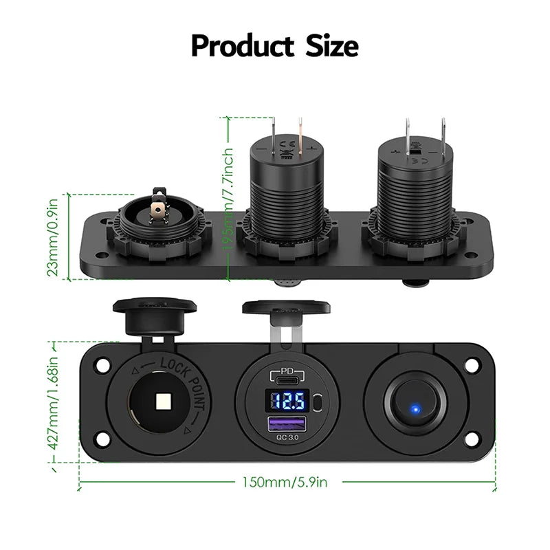 Cigarette Lighter Socket 12V Splitter with Toggle Switch PD USB C QC3.0 Car USB Charger Socket Splitter Panel with LED Voltmeter