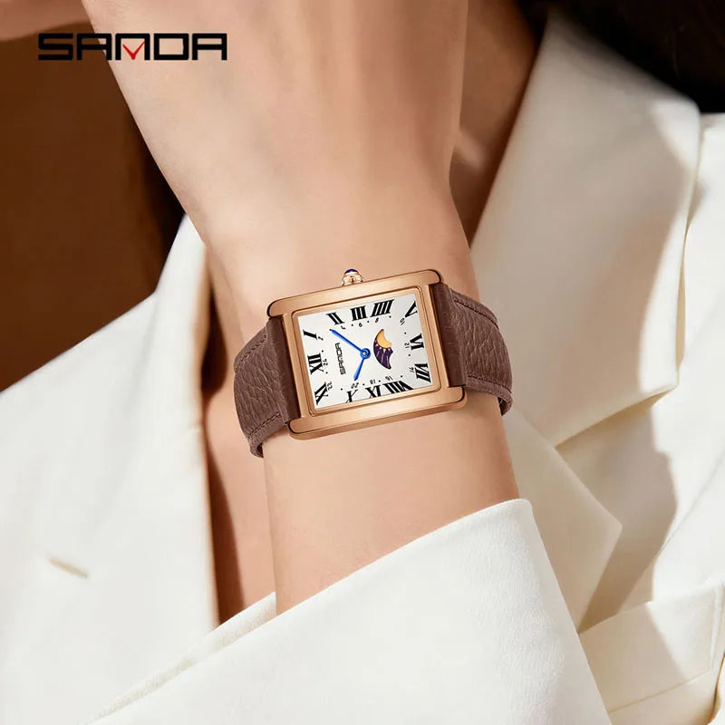 SANDA 9122 Elegant Women's Quartz Watch Classic Square Dial Moon Phase Waterproof Leather Strap Retro Business Watches for Woman