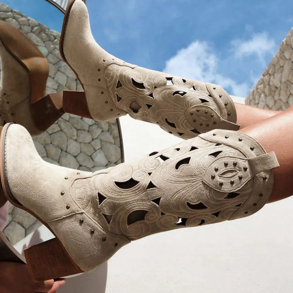 2026 Women's Summer Retro Round Toe Chunky Heels Vegan Suede Western Boots with Hollow Design and Rivets Cowboy Boots Shoes