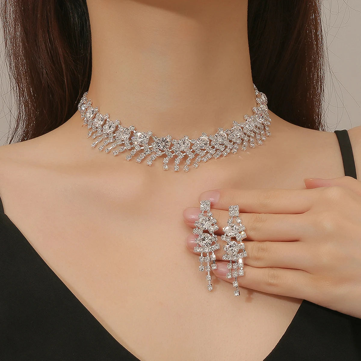 3pcs Women's Jewelry Set Rhinestone Earrings Necklace New Wedding Party Luxury Fashion Accessories-4068