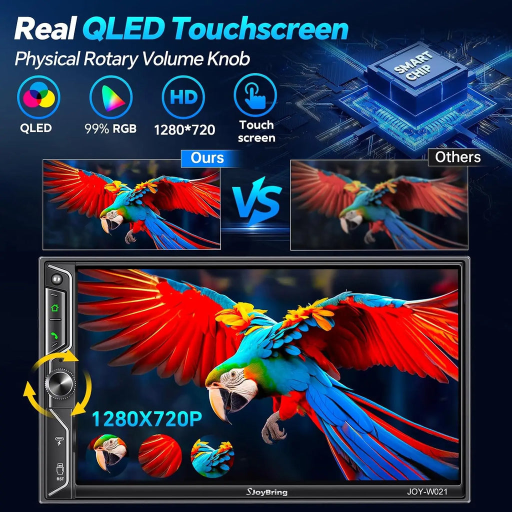 7" QLED Double Din Car Stereo with Wireless Apple CarPlay & Android Auto, Bluetooth 5.3, 240W Audio, MirrorLink, SWC, Backup Camera