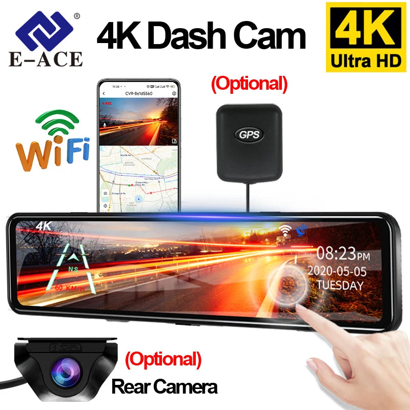 Enregistreur de conduite de rétroviseur 4K Vision nocturne HD Enregistrement en boucle Caméra de tableau de bord Caméra arrière en option Image de recul DVR de voiture