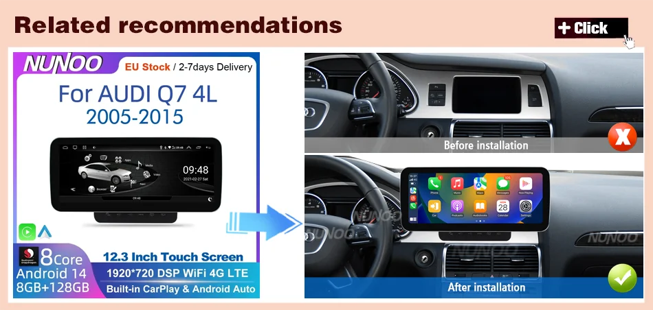 Android 14 8+128GB CarPlay For Audi Q7 4L 2005-2015 MMI 2G 3G GPS Car Multimedia Player Navigation Auto Radio Stereo DSP WIFI