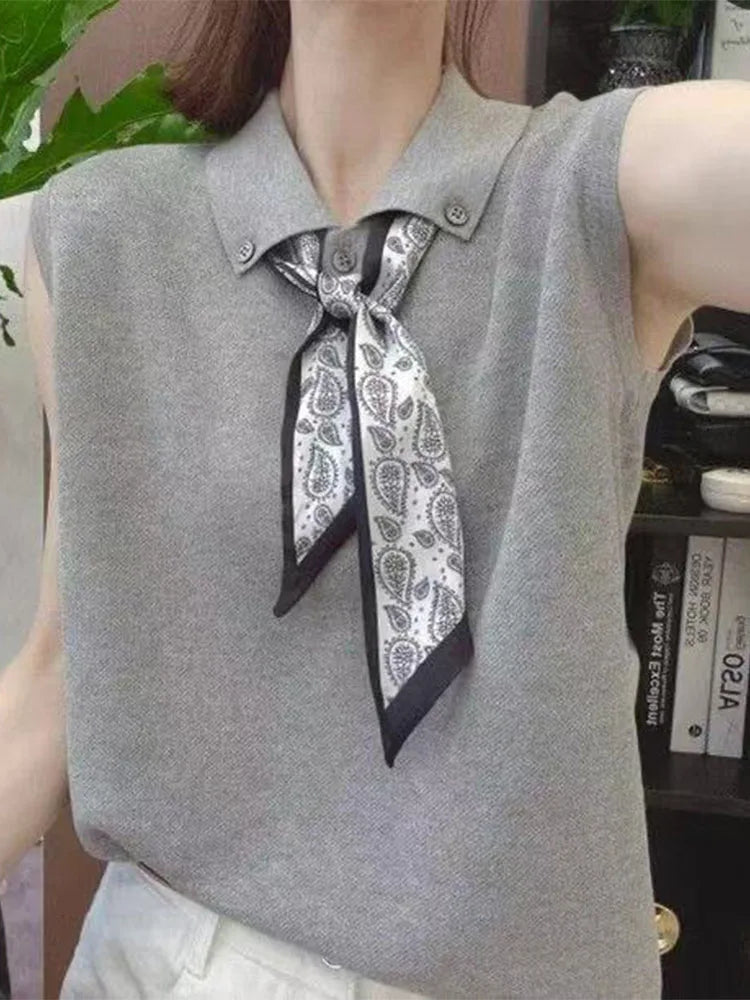Women's Fashionable Summer 2026 Knitwear with Scarf Sleeveless Small Collar Trendy High-End Base Shirt Top