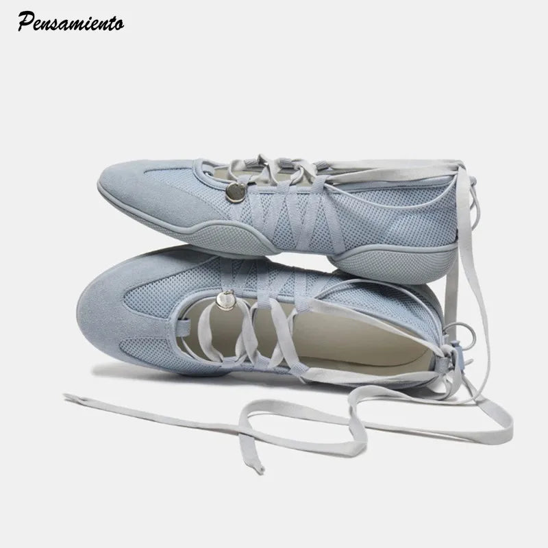 Ins style Fashion Air Mesh Cross-tied Women Ballet Sneakers Comfortable Soft Sole Sports Walking Loafers Casual Flats Shoes