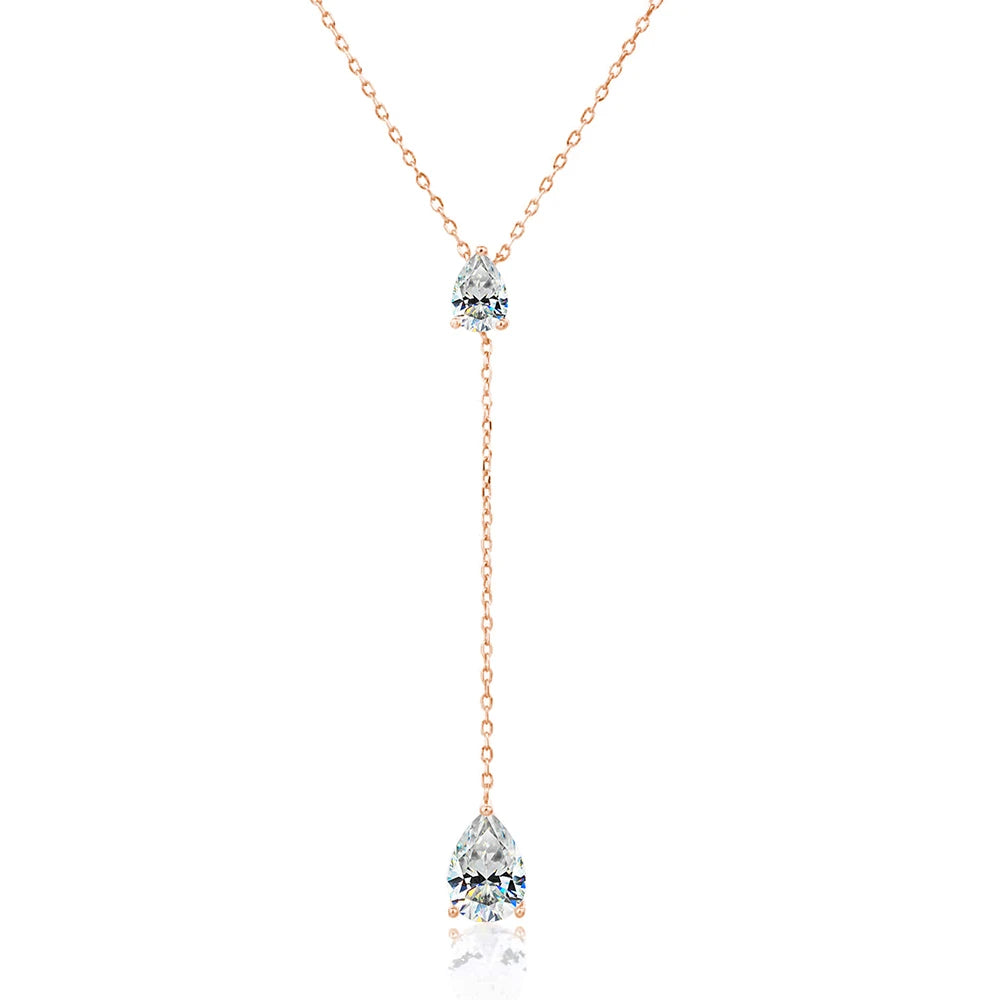 2-Stone Waterdrop Moissanite Pendant Necklace for Women 925 Silver 1.5cttw Y-Style Long Tassel Pear Cut Lab Diamond Neckchain