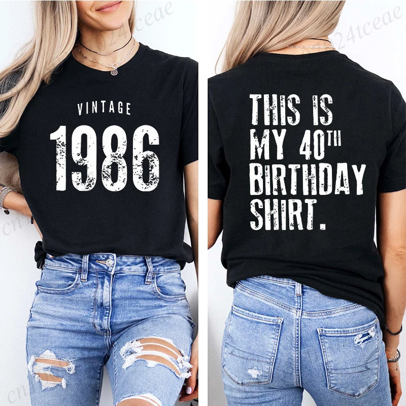 T-shirt décontracté pour femme avec motif vintage 1986, 40ème anniversaire, style Harajuku, manches courtes, vêtements esthétiques décontractés personnalisés