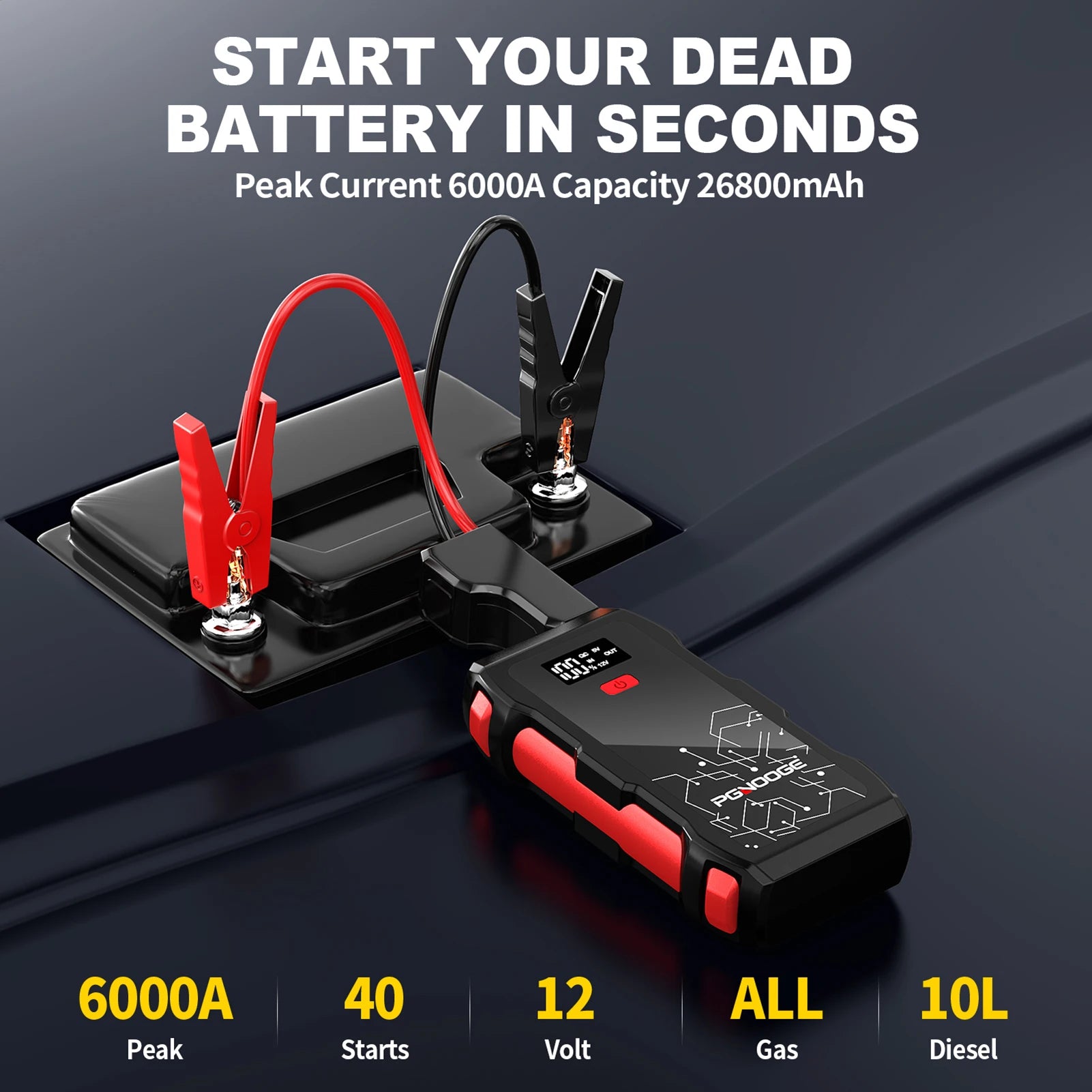 26800mAh 6000A Car Jump Starter, Car Battery Booster for All Gas and Up to 10L Diesel Engines, 12V Auto Emergency Jumper Starter