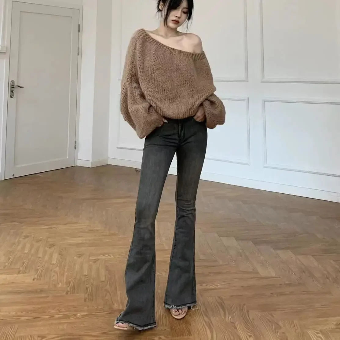 Pantalon évasé taille basse pour femme, jean skinny pour femme, coupe ajustée, évasé, ample, élégant, pantalon d'été A
