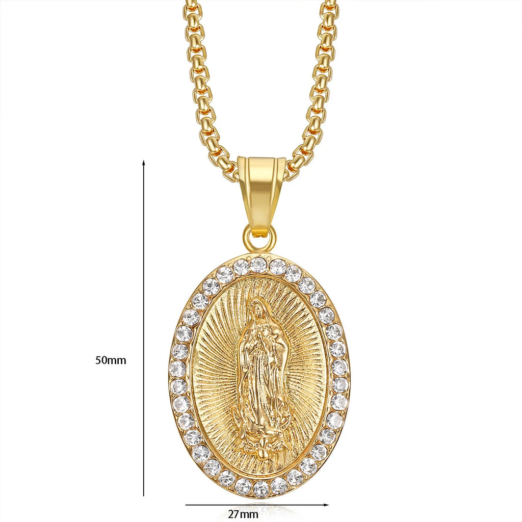 Virgin Mary Prayer Pendant Necklaces Gold color 316L Stainless Steel with rhinestone Women/Men Jewelry