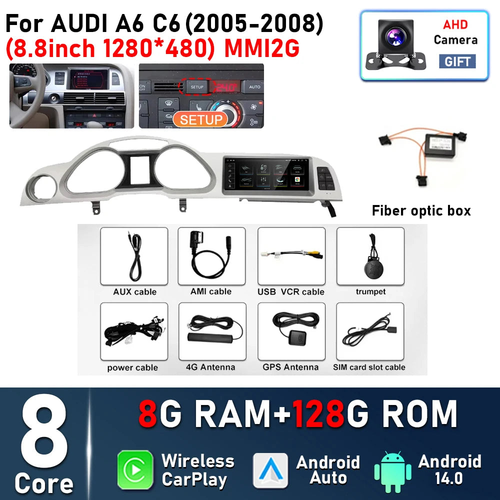 8.8inch Android 14 For Audi A6 C6 2005 - 2008 MMI 2G 2009 - 2011 MMI3G Car Radio Multimedia Player Navigation GPS Stereo CarPlay