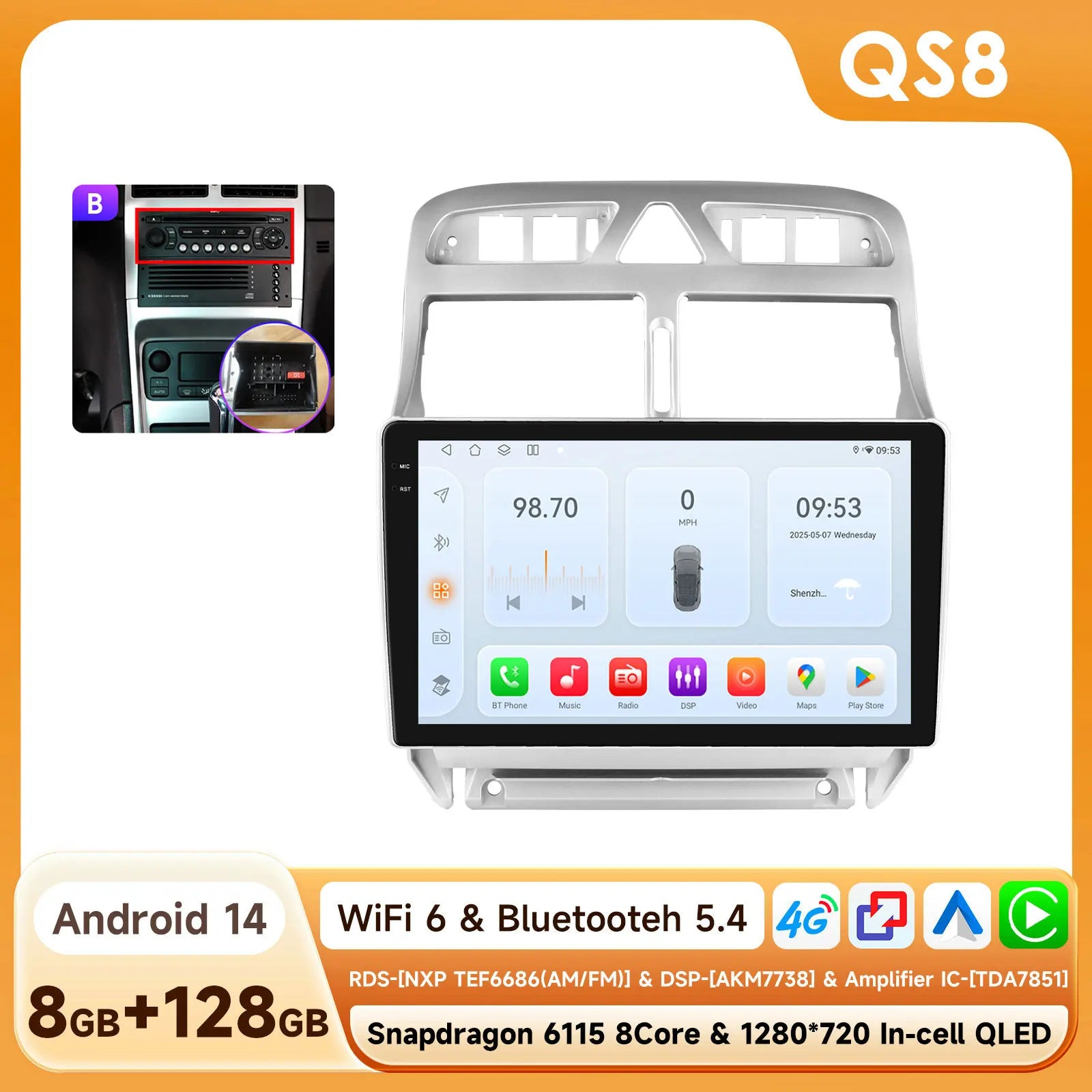 Hizpo 2Din 9inch CarPlay Android Auto Car Radio for Peugeot 307 307CC 307SW 2002 - 2013 Multimedia Navigation GPS RDS DSP 4G BT