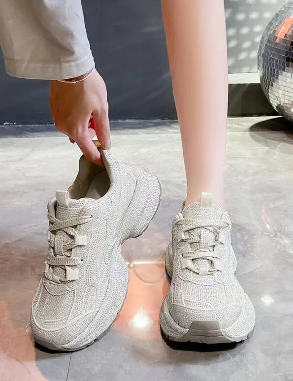Luxury Women Bling Running Shoes Chunky Sneakers Fashion Casual Genuine Leather Breathable Height Increased Flat Platform Shoe