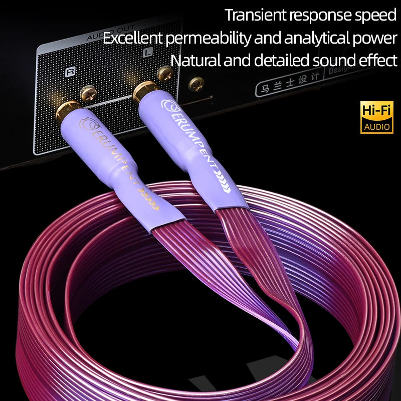 Câble HiFi ERUMPENT OCC 2RCA Bande plate en cuivre pur haut de gamme avec fiches mâles 2RCA plaquées or Câble audio 2RCA vers 2RCA pour amplificateur CD
