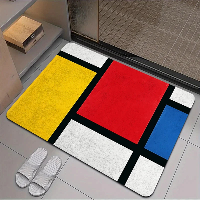VIKAMA Tapis de salle de bain absorbant antidérapant avec motif géométrique rouge, jaune et bleu Mondrian pour la décoration intérieure