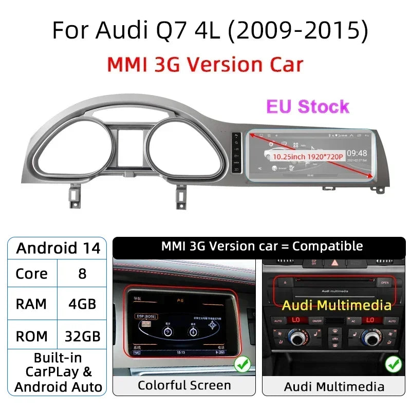 Android 14 8+128GB CarPlay For Audi Q7 4L 2005-2015 MMI 2G 3G GPS Car Multimedia Player Navigation Auto Radio Stereo DSP WIFI
