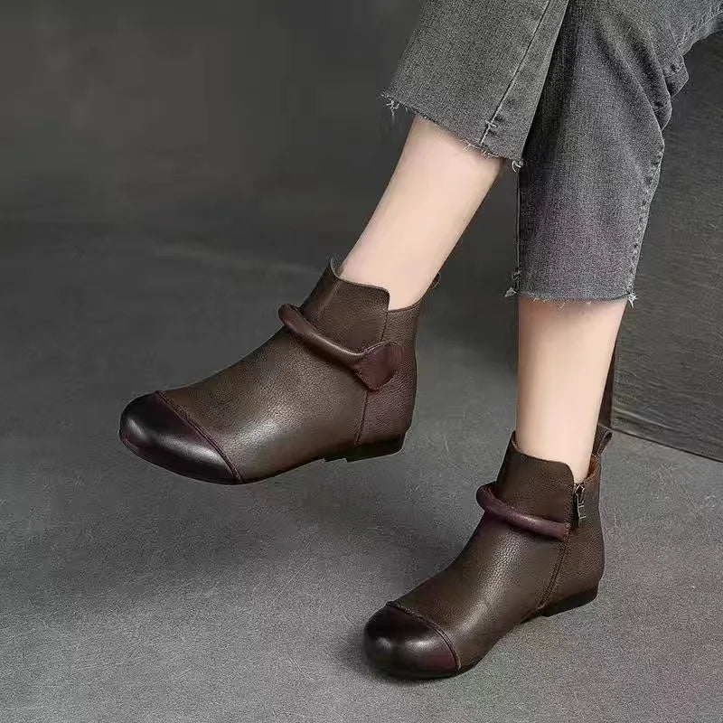 Retro Women Short Ankle Boots Autumn Winter Faux Cow Leather Slip-on Shoes Handmade Round Toe Light Weight Flat Booties