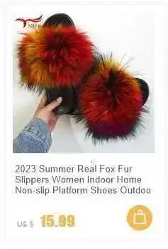 Real Raccoon Fur Slippers For Women 2023 Summer Fluffy Indoor House Fuzzy Flat Slides Outdoor Fashion Beach Sandals Flip Flops