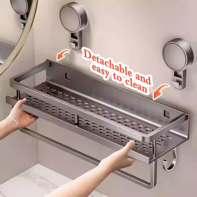 Étagère de salle de bain à ventouse sans perçage, support mural en aluminium pour salle de bain, organisateur de salle de bain à suspendre au mur