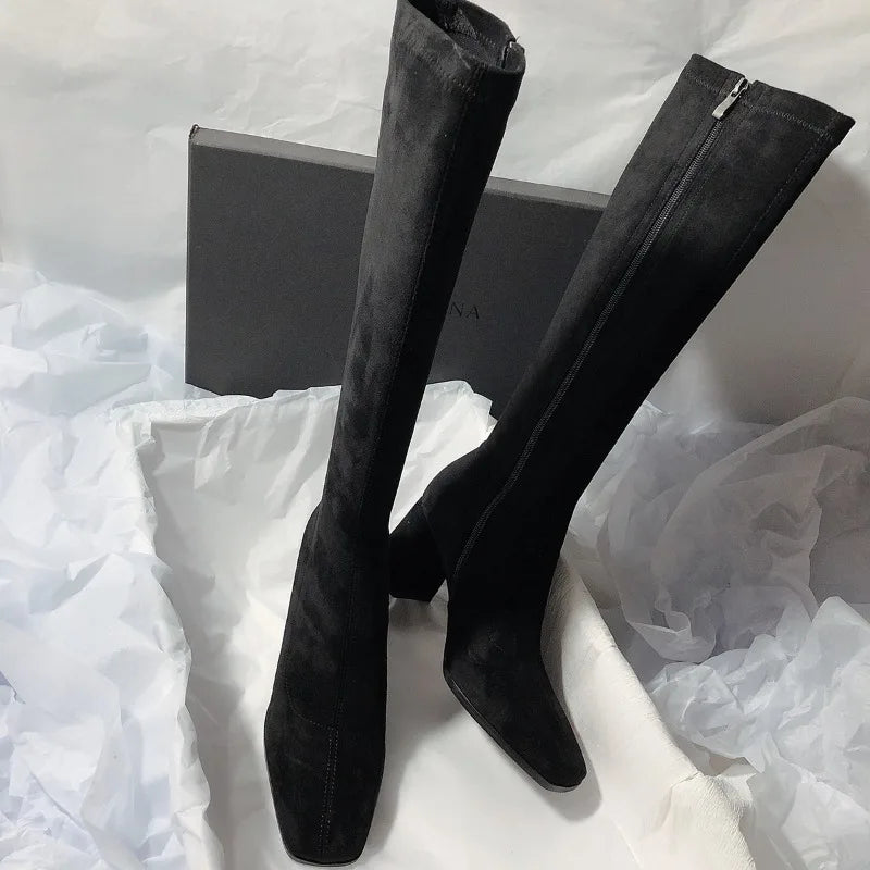 Square Toe Sexy High Heel Knee-high Boots2026 Autumn Luxury Brand Women's Warm Suede High Boots Walking Dress Slim Women's Boots