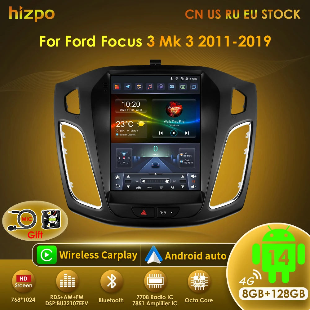 Hizpo 9.7" Car Radio for Ford Focus 3 Mk 3 2011 2012 - 2019 2 Din Android 14 Multimedia Video Player 2Din Carplay Auto Stereo