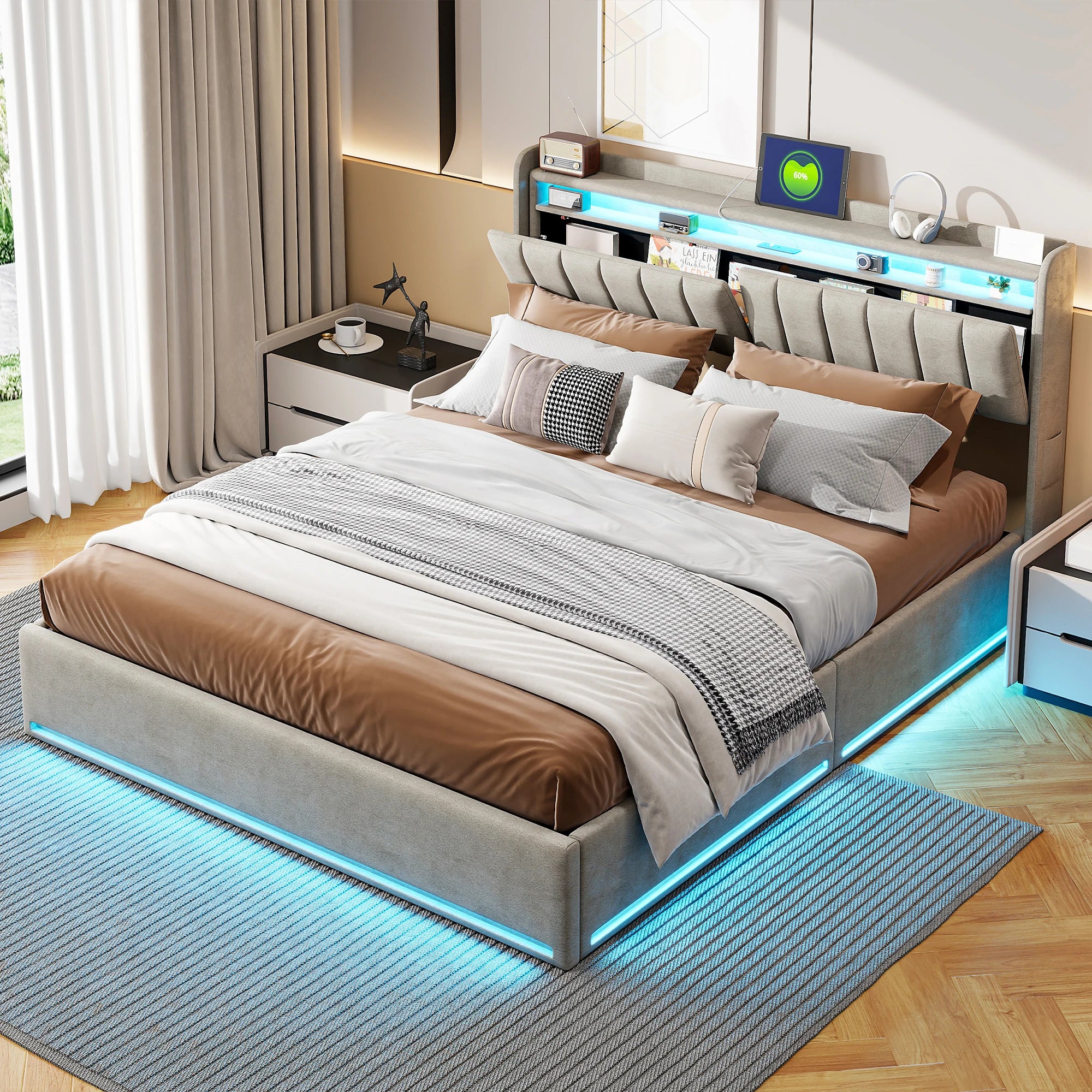 Anajqaqia 140×200 cm LED Upholstered Bed, Hydraulic Double Bed with Storage Headboard and Slatted Frame, USB charging, Velvet