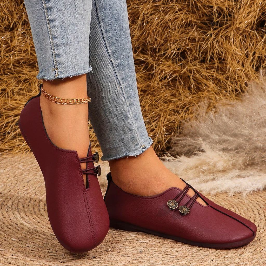 Women's Slip-On Soft Leather Loafers, Elastic Strap with Metal Buttons, Casual Flat Shoes for All Seasons