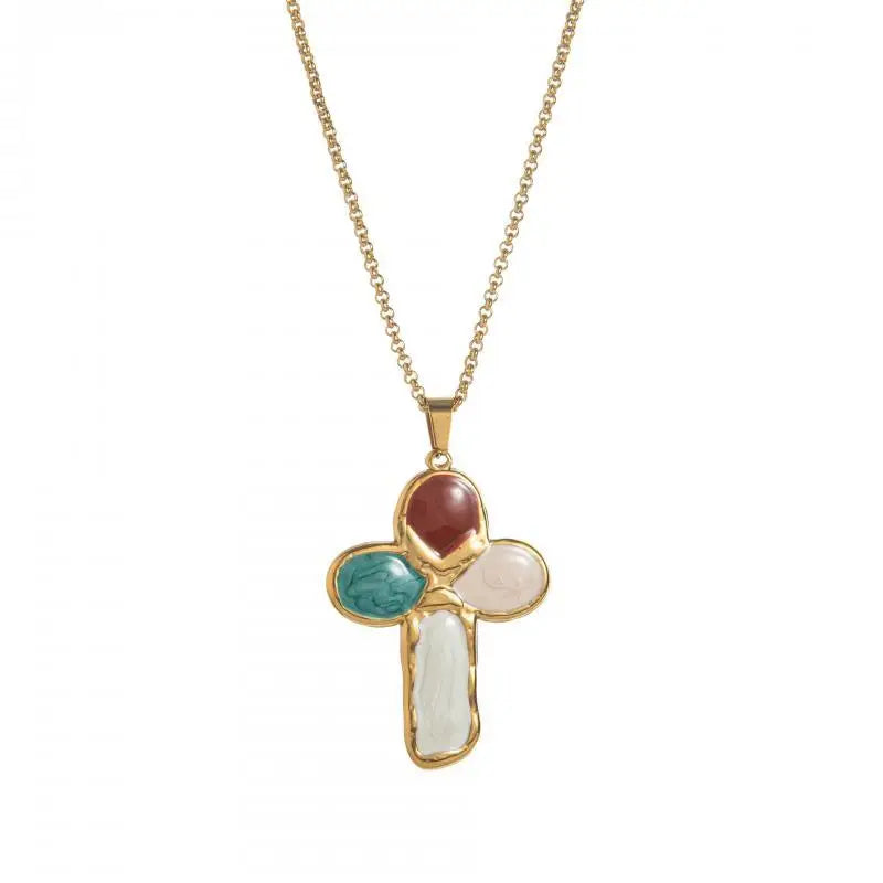 Stainless Steel Colorful Stone Cross Pendant Necklace for Men Women Punk Hiphop Drop Oil Gold Color Necklace Jewelry Accessories