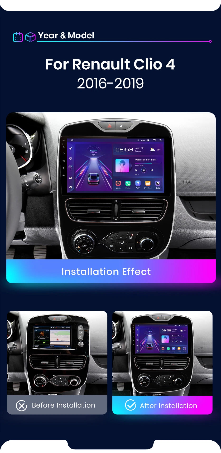 Junsun Wireless CarPlay Android Auto Car Radio for Renault Clio 4 2012- 2017 2 DIN Multimedia Stereo with Built-in Cooling Fan GPS Navigation SWC Bluetooth FM RDS DSP IPS Screen Car Intelligent Systems 4G WiFi 8 Core