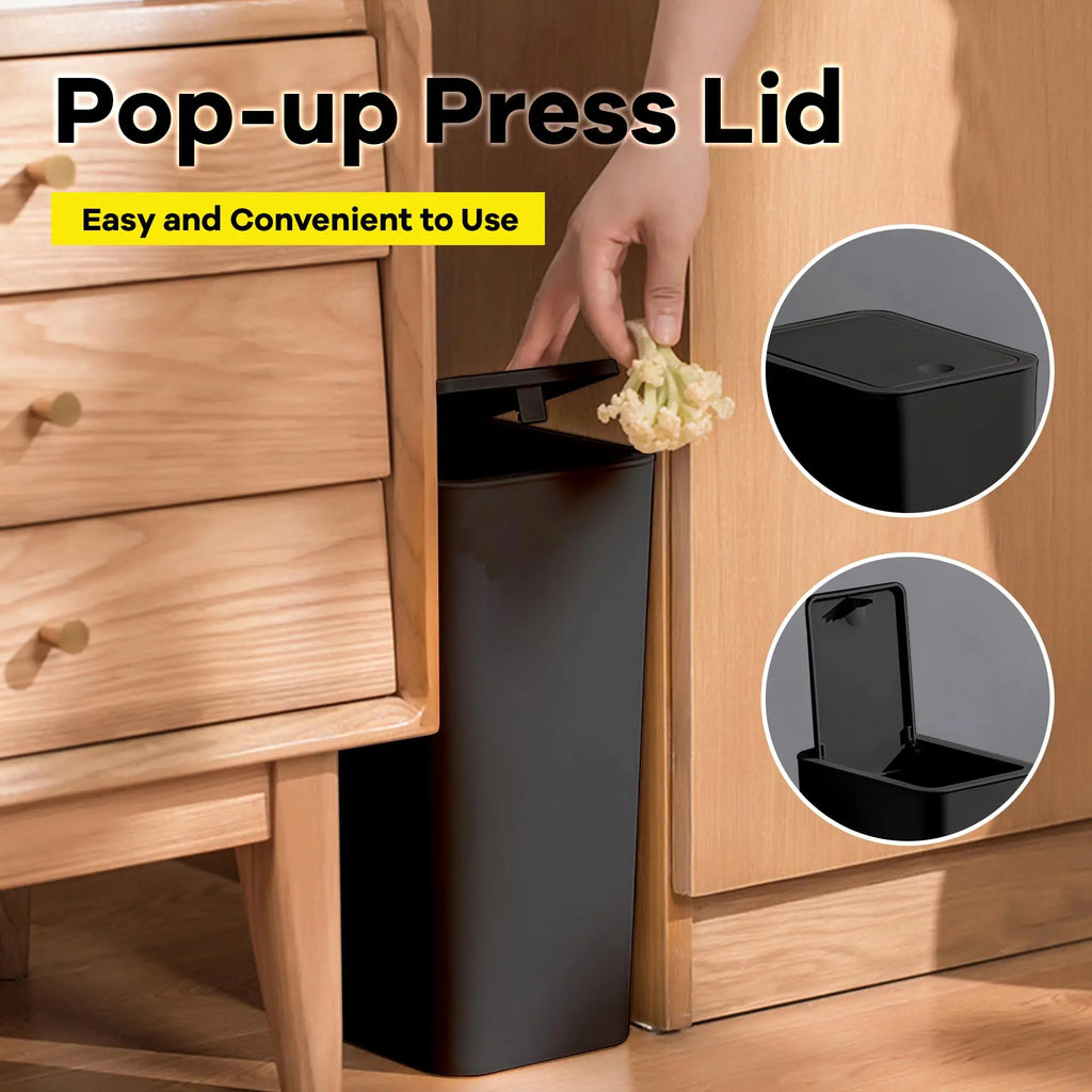 Poubelle de Salle de Bain - Petite Poubelle de 10L avec Couvercle à Pression pour Toilettes, Chambre, Salon – Corbeille en Plastique avec Couvercle Pop-up