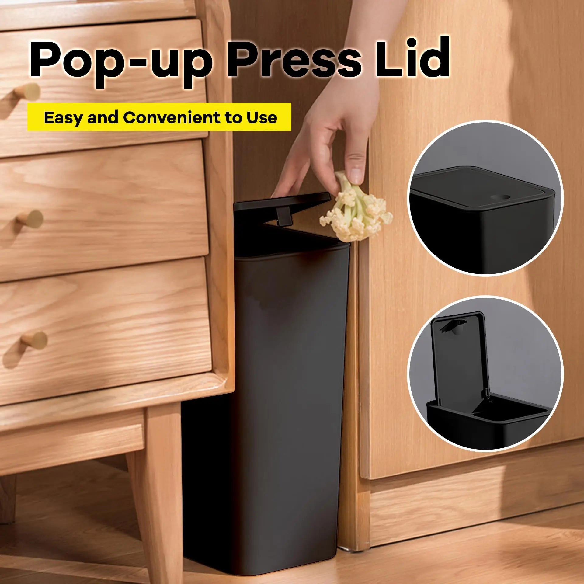 Poubelle de Salle de Bain - Petite Poubelle de 10L avec Couvercle à Pression pour Toilettes, Chambre, Salon – Corbeille en Plastique avec Couvercle Pop-up