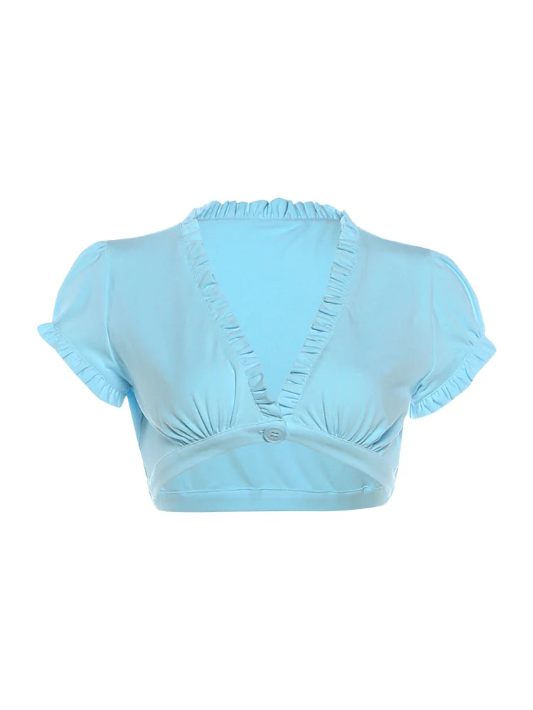 Kliou Ruffles Edge Design T-Shirts Woman Summer Trend Single-Button Cardigan Mini Sleeve Navel Exposed Street Y2K Style Tees
