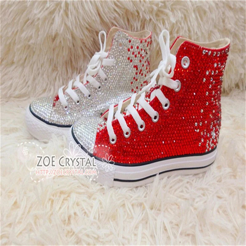High top lace up red rhinestones creative canvas shoes for women banquet wedding all casual sports big size women's shoes 35-44