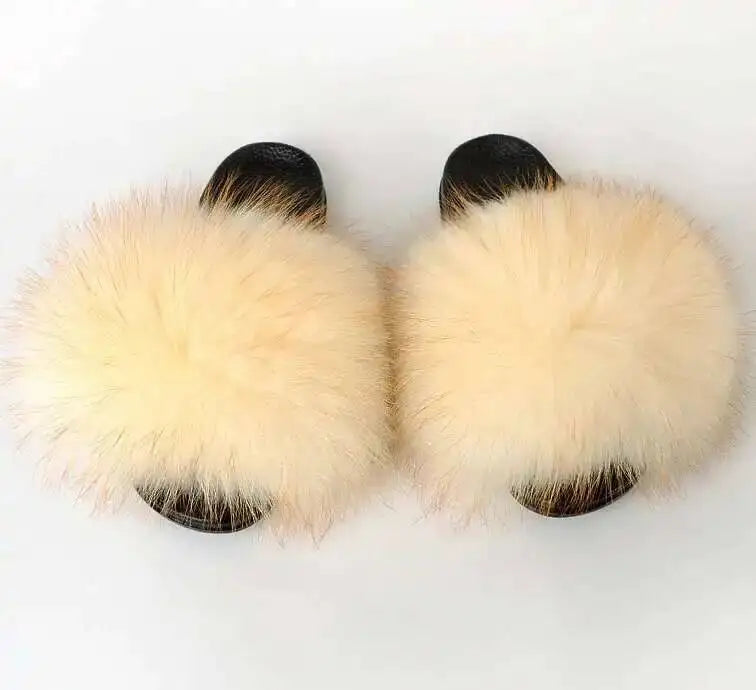 Real Raccoon Fur Slippers For Women 2023 Summer Fluffy Indoor House Fuzzy Flat Slides Outdoor Fashion Beach Sandals Flip Flops