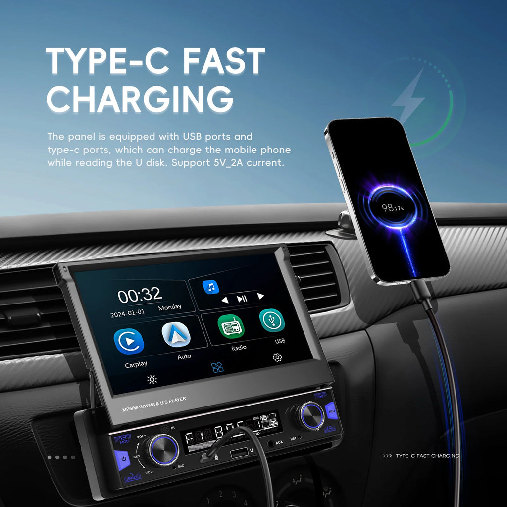 Podofo 7'' 1Din Retractable Screen EQ Sound FM/AM/RDS Multimedia Player Carplay Android Auto Bluetooth Type-C USB SWC Car Audio