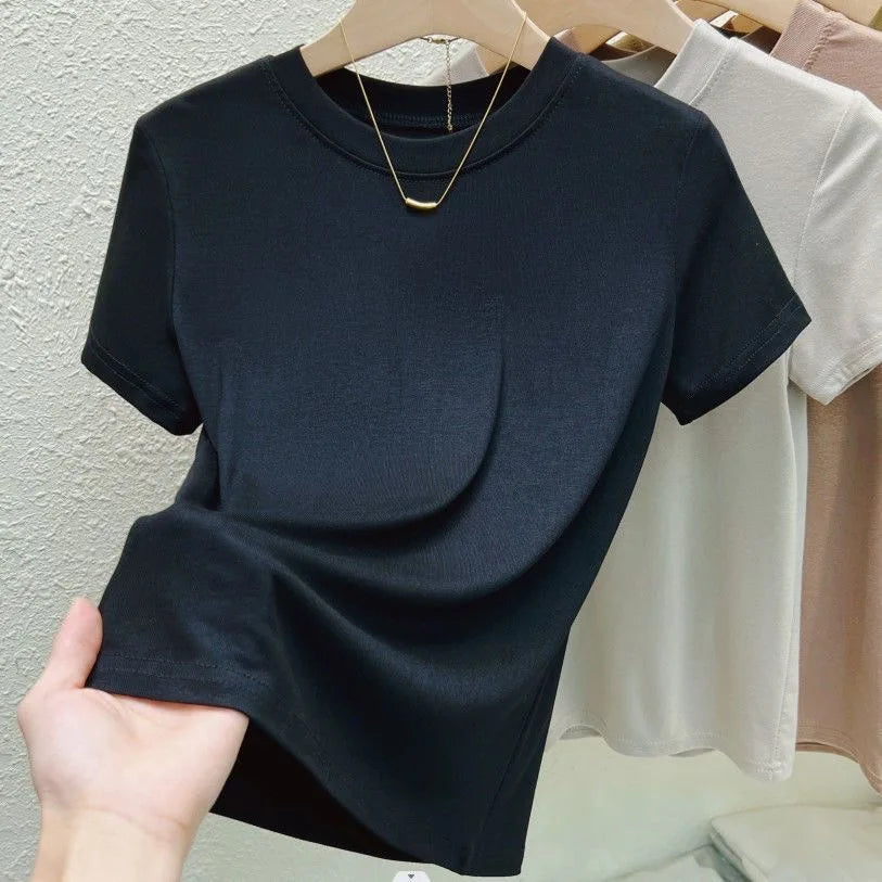 T-Shirt Femme Col Rond Chic Décontracté Urbain Grande Taille Haut Uni Sexy Slim Été Manches Courtes Vêtements Femme