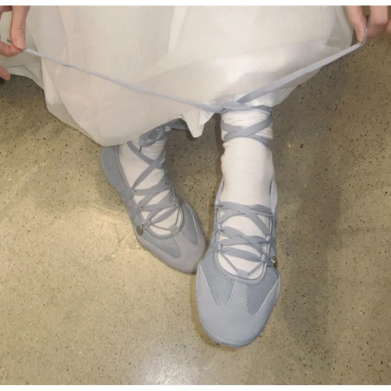 Ins style Fashion Air Mesh Cross-tied Women Ballet Sneakers Comfortable Soft Sole Sports Walking Loafers Casual Flats Shoes