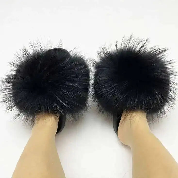 Real Raccoon Fur Slippers For Women 2023 Summer Fluffy Indoor House Fuzzy Flat Slides Outdoor Fashion Beach Sandals Flip Flops