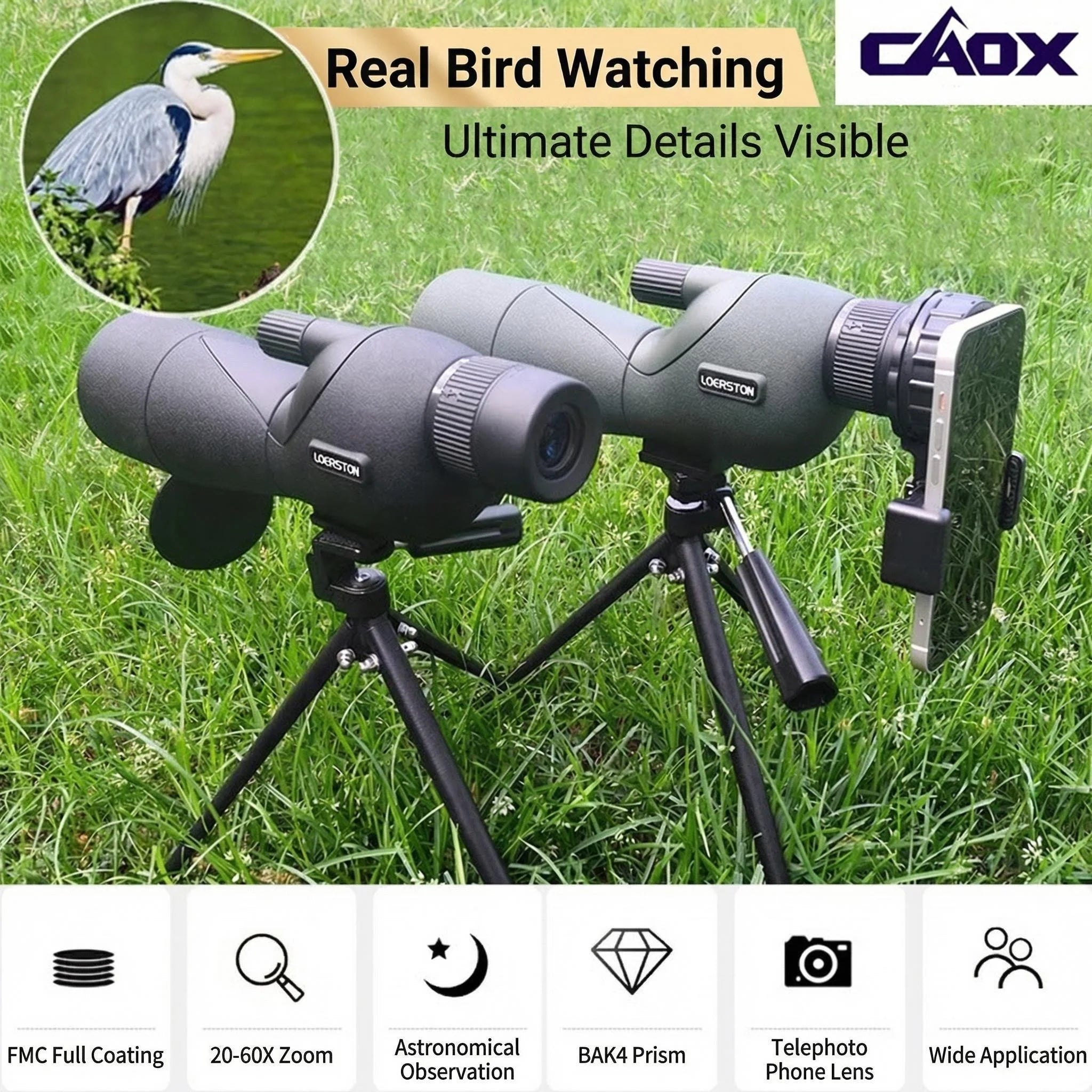 CAOX Essential for Camping and Hiking, 25-75x60 High-Power Zoom HD Monocular Telescope, Perfect for Birdwatching and Sightseeing