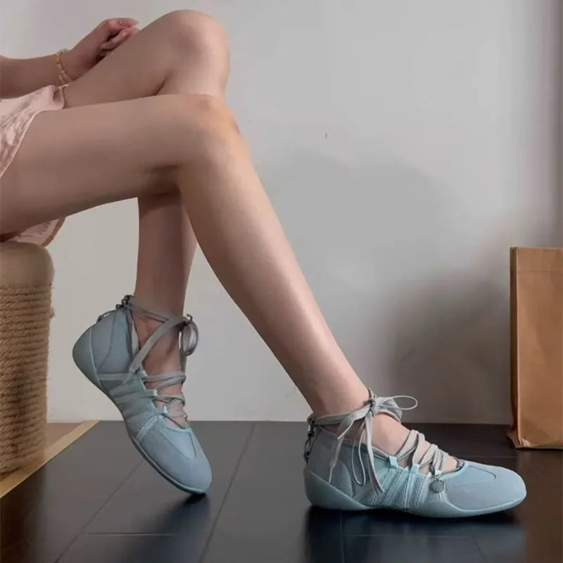 Ins style Fashion Air Mesh Cross-tied Women Ballet Sneakers Comfortable Soft Sole Sports Walking Loafers Casual Flats Shoes