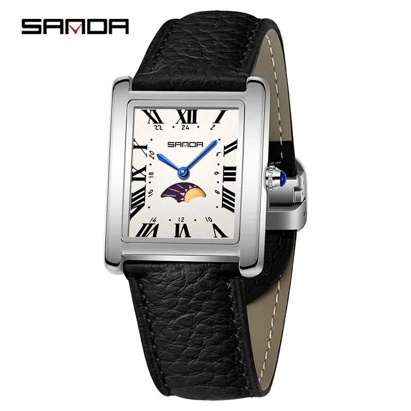 SANDA 9122 Elegant Women's Quartz Watch Classic Square Dial Moon Phase Waterproof Leather Strap Retro Business Watches for Woman