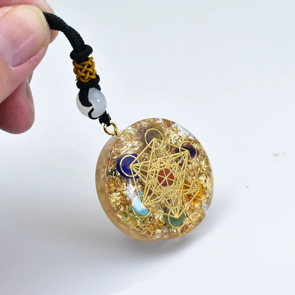 7 Chakra Metatron Cube Orgone Pendant Necklace with Golden Foil Spiritual Reiki Healing Crystals Natural Stone Charm Jewelry