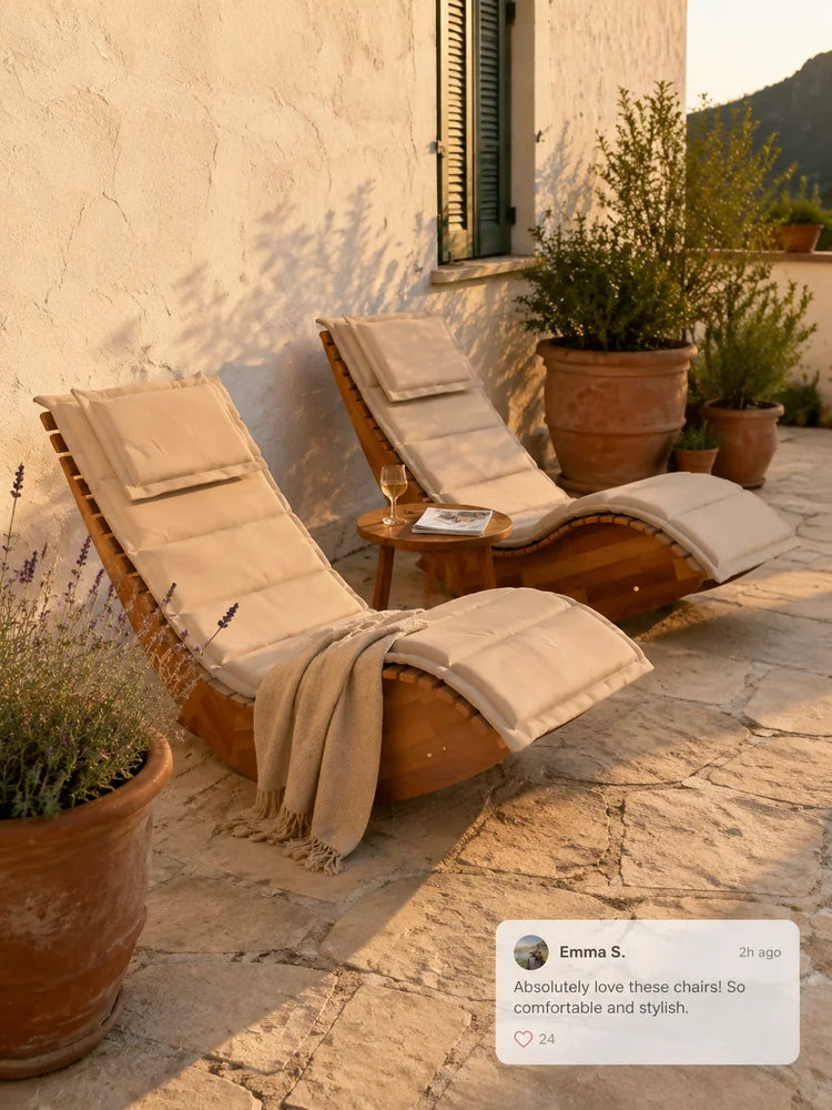 Rocking Loungers with Cushions Set of 2 Solid Acacia Wood Outdoor Chaise Lounge Chairs Patio Garden