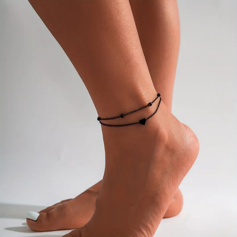 Double Tiny Heart Chain Anklets for Men Women Teen Girls, Black Tone, Ankle Bracelets Hypoallergenic Adjustable