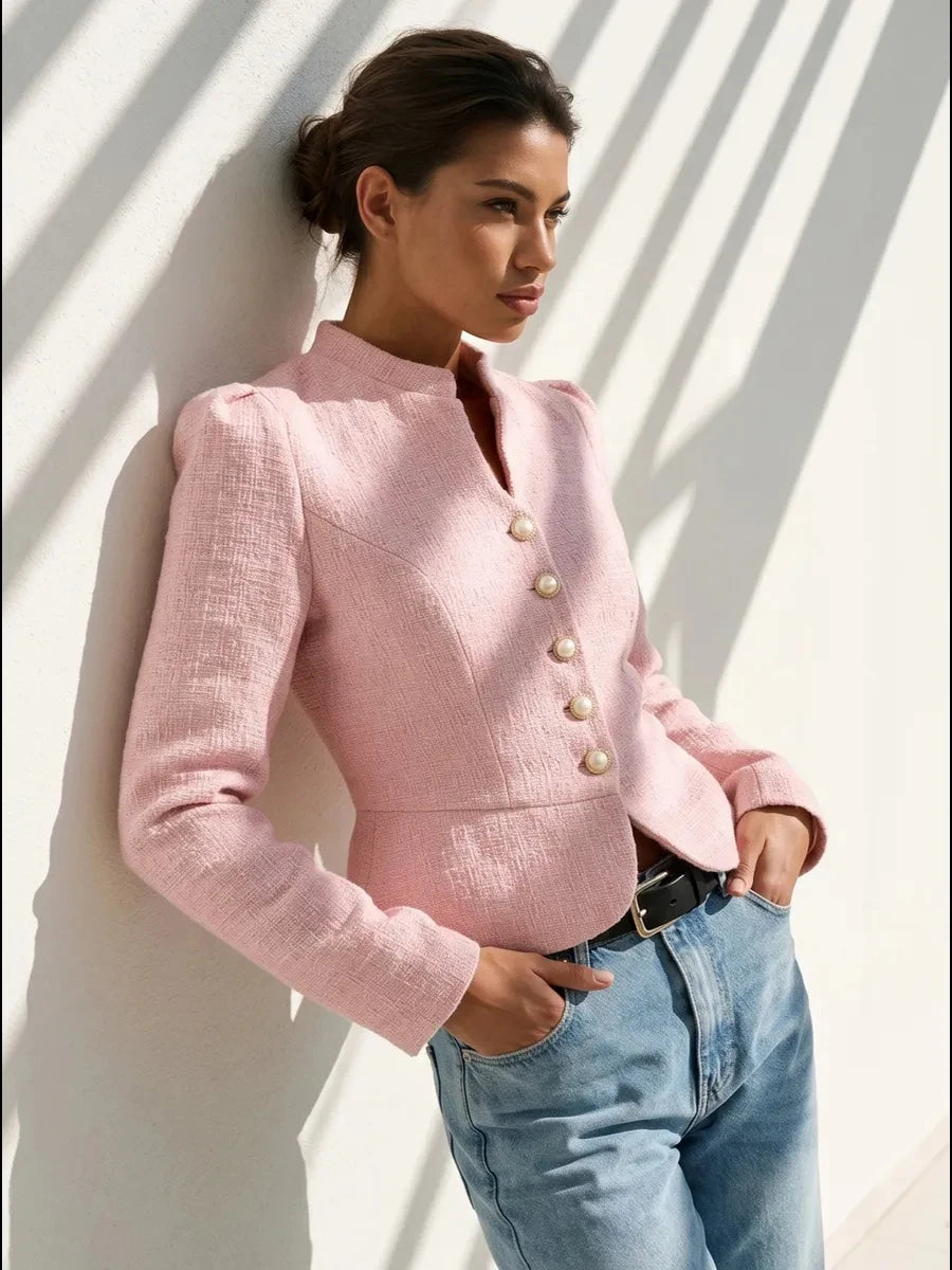 Veste en Tweed Femme Automne 2026 Élégante Col Montant Boutons Perles Manteau Court Manches Bouffantes Style Français