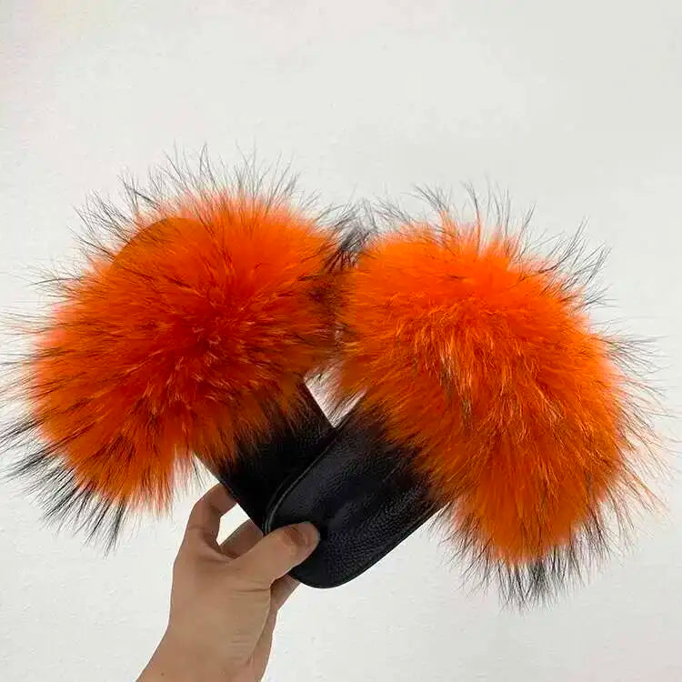 Real Raccoon Fur Slippers For Women 2023 Summer Fluffy Indoor House Fuzzy Flat Slides Outdoor Fashion Beach Sandals Flip Flops