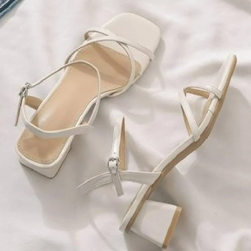 Comemore Comfortable 2023 Summer Block Heel Women's Sandals Girl Shoes Black Outer Wear Fashion Elegant Medium Heels Footwear 40
