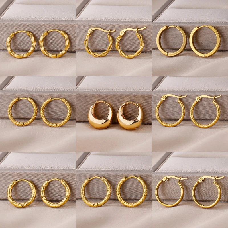 Vintage Chunky Round Earrings For Women Gold Color Stainless Steel Twisted Hoop Earring Statement Wedding Christmas Jewelry Gift